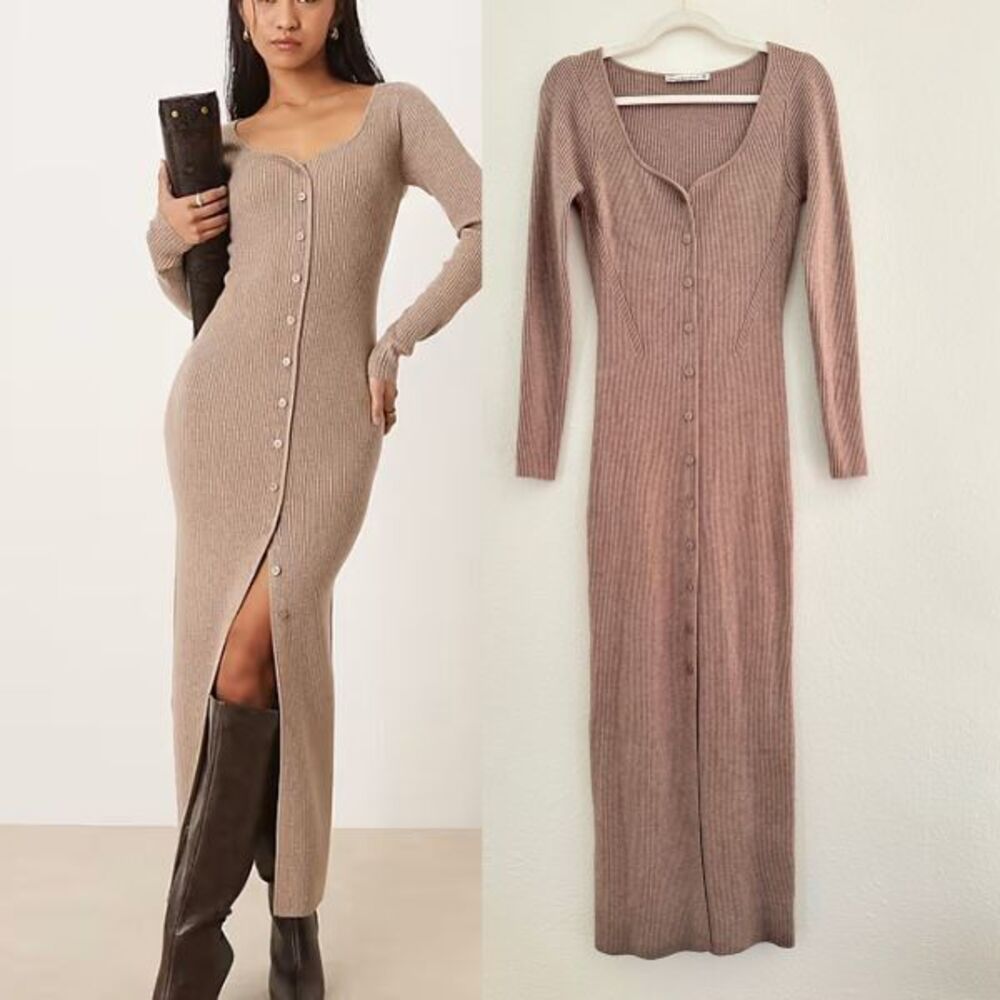 Abercrombie Ribbed Long Sleeve V-Neck Fitted Maxi Dress Beige Tan Women's Medium